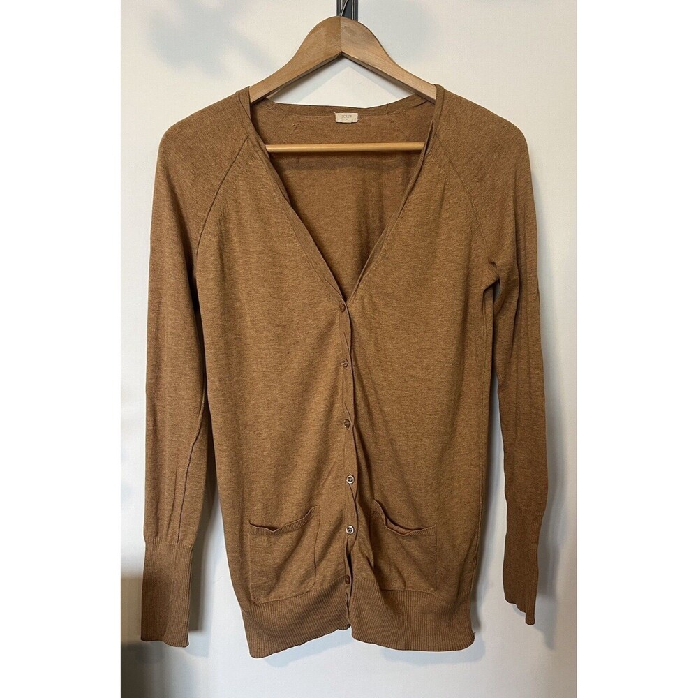 J Crew Camel V Neck Button Front Two Pocket Cardigan Size Small